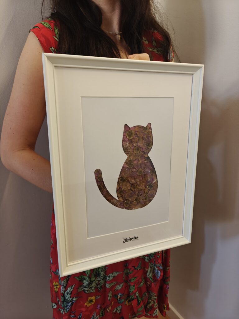 Obraz Kot, różowa chryzantema, 30×40