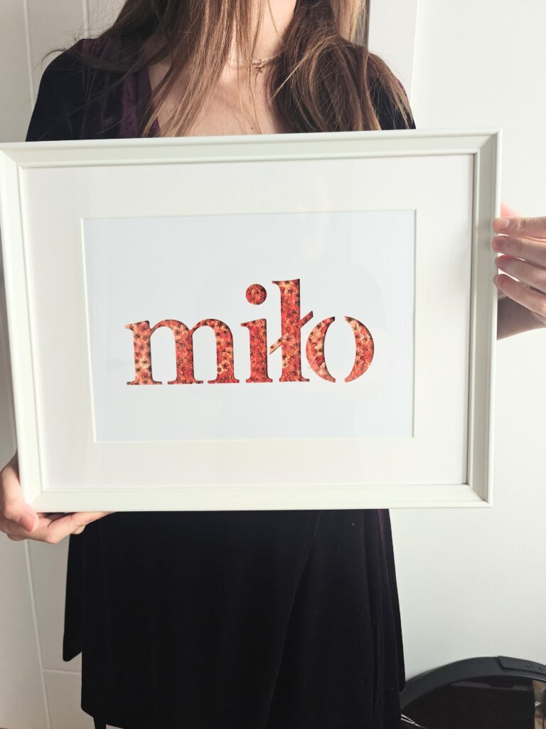 Napis Miło, czerwona gipsówka, 30×40